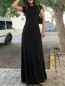 Vestido ajustado de cintura sólido para vacaciones y viajes casuales de verano para mujer - Negro - Ver 7