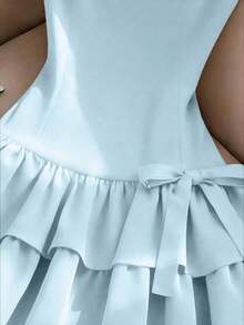 Vestido elegante sin mangas estilo francés, vestido mini con decoración de lazo rojo, adecuado para salidas diarias, citas, vacaciones - Azul - Ver 4