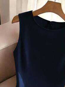 Vestido elegante sin mangas estilo francés, vestido mini con decoración de lazo rojo, adecuado para salidas diarias, citas, vacaciones - Azul marino - Ver 3