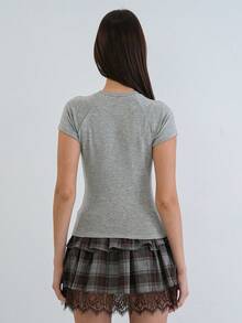 Women's Solid Color Round Neck Raglan Short Sleeve Casual T-Shirt - Grey - View 5