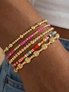 5 peças/Conjunto Pulseira de Contas Redondas de Pérola Turquesa em Cruz de Verão para Mulheres, Pulseira de Argila Simples para Mulheres, Conjunto de Pulseira de Contas Douradas Empilháveis Simples para Mulheres - Colorida - Visão 1