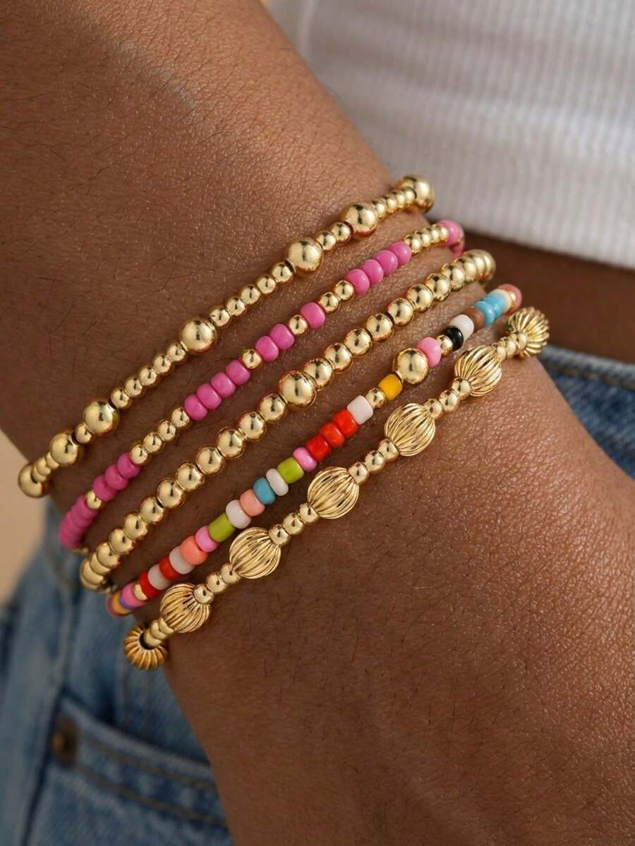 5 peças/Conjunto Pulseira de Contas Redondas de Pérola Turquesa em Cruz de Verão para Mulheres, Pulseira de Argila Simples para Mulheres, Conjunto de Pulseira de Contas Douradas Empilháveis Simples para Mulheres - Colorida - Visão 1