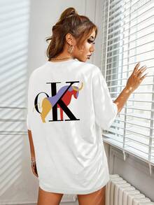 Women's Casual Short Sleeve T-Shirt - Loose Fit, Crew Neck With Bold K Graphic Print, Medium Stretch Fabric, All-Season Comfort, Machine Washable, Multiple Options, Women's T-Shirts, Everyday Comfort, Relaxed Fit T-Shirt, Medium Stretch Fabric, Versatile Top, Minimalist Design, Breathable Material, Printed T-Shirt, Streetwear Style Y2k - 白色 - 查看 4