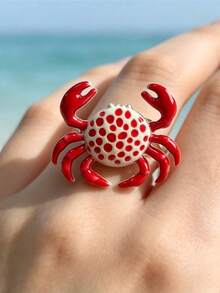 1pc Creative Ocean Style Red Crab Ring, Cute Cartoon Polka Dot Animal Design Exaggerated Adjustable Joint Ring, Fashionable Accessory Gift - Multicolor - View 7