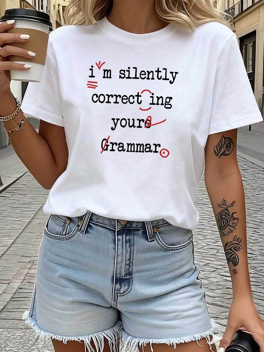 Corrección de gramática inglesa tema divertido impreso cuello de la tripulación camiseta de las mujeres, corrección marca decoración casual manga corta, juguetón divertido maestro diario de uso superior