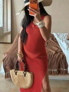 Nuevo bikini sexy, ropa de playa casual diaria, vestido de punto minimalista sin mangas para vacaciones, estilo casual elegante, textura de red, chica sexy estilo francés, estilo bohemio, vestido de suéter versátil y de alta gama para mujer - Rojo - Ver 8
