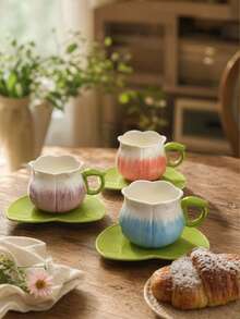 1 Set Delicate Gradient Lily Of The Valley Ceramic Coffee Cup & Saucer, Afternoon Tea - Multicolor - View 2