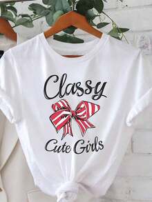 Women's Cute Elegant Bow Print T-Shirt, BFF Gathering And Activity Top, Sweet And Stylish Short Sleeve Style, Daily Street Vibe Tee - 白色 - 查看 1