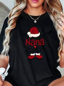 Moda casual deporte dinámico de las mujeres - Navidad lindo NANA sombrero de Navidad carta impresa camiseta - Negro - Ver 2