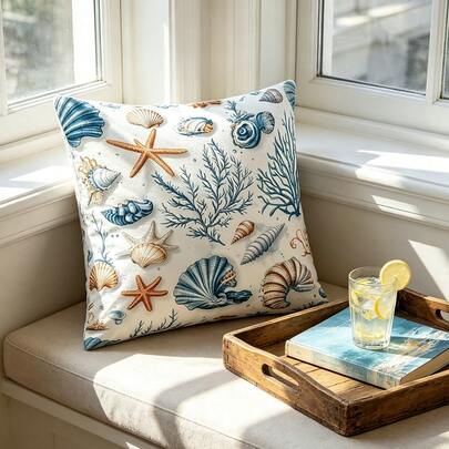 1PC Ocean Blue And White Pillow Cover, Starfish Shell Coral Pattern, Digital Printing, Soft And Comfortable Fabric Can Be Used As Valentine's Day Gift, Birthday Gift, Holiday Gift, Suitable For Various Scenarios Such As Bedrooms, Sofas, Hotels, Dormitories, Outdoor Camping, Etc., Double-Sided Printing (Excluding Pillow Core)