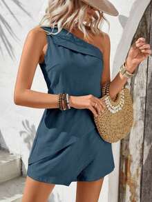 Mono sin mangas de unicolor minimalista para mujer, de verano - Azul - Ver 3
