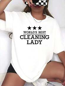 1 pieza Camiseta gráfica "La Mejor Mujer de Limpieza del Mundo" para mujer, top casual con diseño de estrellas, camiseta divertida para personal de limpieza y personal de mantenimiento, 180g 100% algodón suave. - Blanco - Ver 12