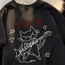 1 Piece Women's Casual Short Sleeve T-Shirt With Lips And Letters Print, Round Neck, For Daily Wear, Im A Vibe Art Graffiti Graphi, 180g, 100% Soft Cotton. - 黑色 2 - 查看 11