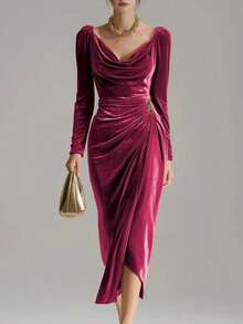 New Women's Long Dress, Made Of Shiny Velvet, Casual And Sexy Style, Long Sleeves, Pleated, Side Slit, Mermaid Cut, Flattering Design, Perfect For Parties And Special Nights - 紅色 - 查看 7