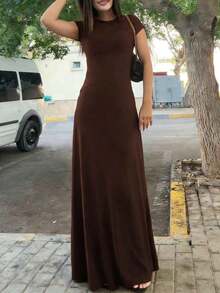 Vestido ajustado de cintura sólido para vacaciones y viajes casuales de verano para mujer - Café integral - Ver 3