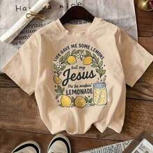 Summer Clothes 2026. LIFE GAVE ME SOME LEMONS, BUT MY JESUS IS MAKING LEMONADE. Black Graphic Print T-Shirt, Short Sleeves, Crew Neck, Featuring An Illustration Of Lemons And A Mason Jar. Soft And Breathable Cotton T-Shirt For Everyday Wear, Comfortable And Stylish For Summer. Loose And Comfortable Summer Tops - High Quality And Breathable. - 杏色 - 查看 11