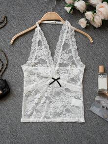 Áo hai dây ren cổ chữ V thắt nơ gợi cảm cho nữ, áo vest lưới xuyên thấu khoét rỗng nhiều lớp hở lưng, phong cách thường ngày mùa xuân/hè. - trắng - Xem 8