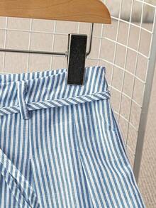 Pantalones anchos de tela con cintura anudada en azul y blanco, para mujer, de estilo casual, para primavera/verano - Azul - Ver 5