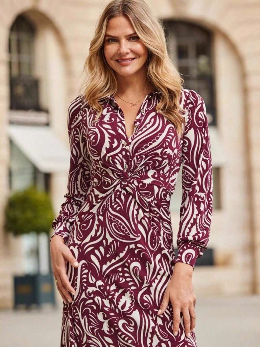 Vestido largo de manga larga para mujer, de otoño-invierno, estampado, diseño de botones con nudo/twist, corte ajustado y favorecedor, estilo casual y elegante, perfecto para el día y la noche - Burdeos - Ver 1
