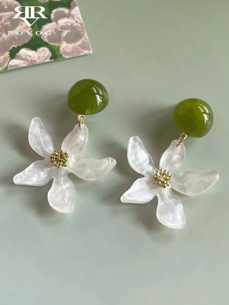 1 par de pendientes personalizados de flor de resina de lujo y estilo dulce, adecuados para niñas, vacaciones, citas, fiestas, días festivos - Blanco - Ver 1