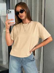 Camiseta básica para mujeres con diseño sencillo de corta por delante y larga por detrás - Albaricoque - Ver 1