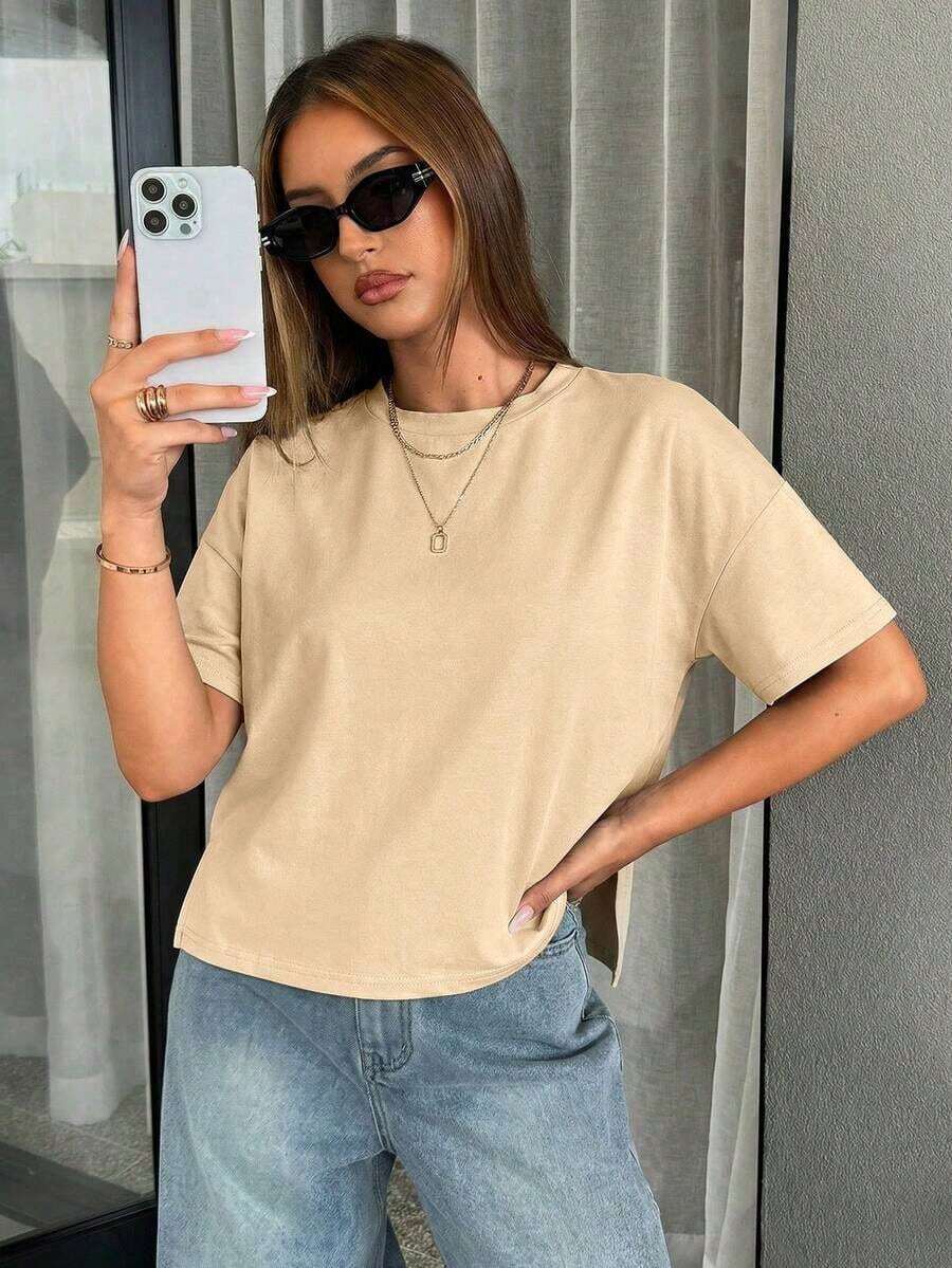 Camiseta básica para mujeres con diseño sencillo de corta por delante y larga por detrás - Albaricoque - Ver 1