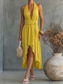 Women's Elegant Yellow Spaghetti Strap Deep V-Neck High-Low Hem Formal Evening Dress, Waist Tie Design Suitable For Parties And Weddings - Green - View 4