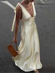 Vestido ajustable de color liso con cordón elegante para primavera - Amarillo - Ver 1