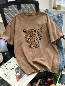 Nueva blusa de verano con estampado de cara de leopardo vintage, cuello redondo, teñido anudado y manga corta.Elegante y versátil para mujer. - Marrón 2 - Ver 8