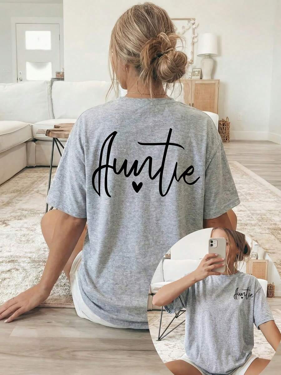 Women's T-Shirt With Double-Sided Front/Back Print - Short Sleeve, Round Neck, Casual Style, Suitable For Casual Wear, Machine Washable, With "Auntie" And Heart Print, Non-Blouse Style For Layering Or Wearing As A Top, 100% Cotton - 淺灰色 - 查看 1