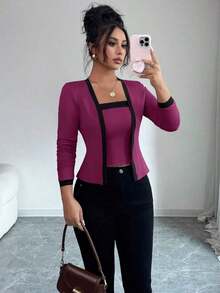 Set de 2 piezas: Top de mangas largas con panel de color elegante de frente abierto y camiseta sin mangas para mujer - Morado - Ver 1