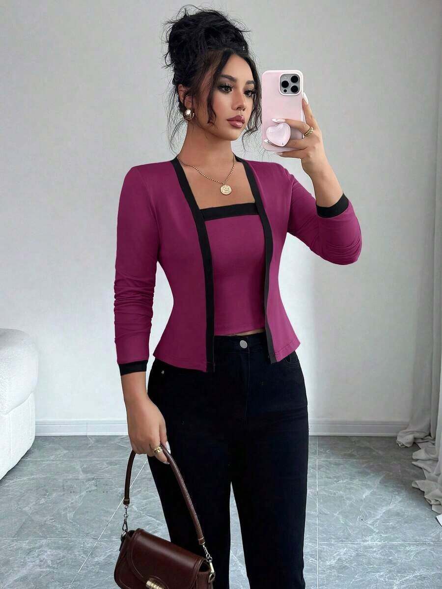Set de 2 piezas: Top de mangas largas con panel de color elegante de frente abierto y camiseta sin mangas para mujer - Morado - Ver 1
