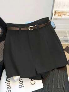 Shorts de mujer de unicolor de verano, de cintura media-alta, versátiles y de moda para el uso diario, con cinturón - Negro - Ver 1