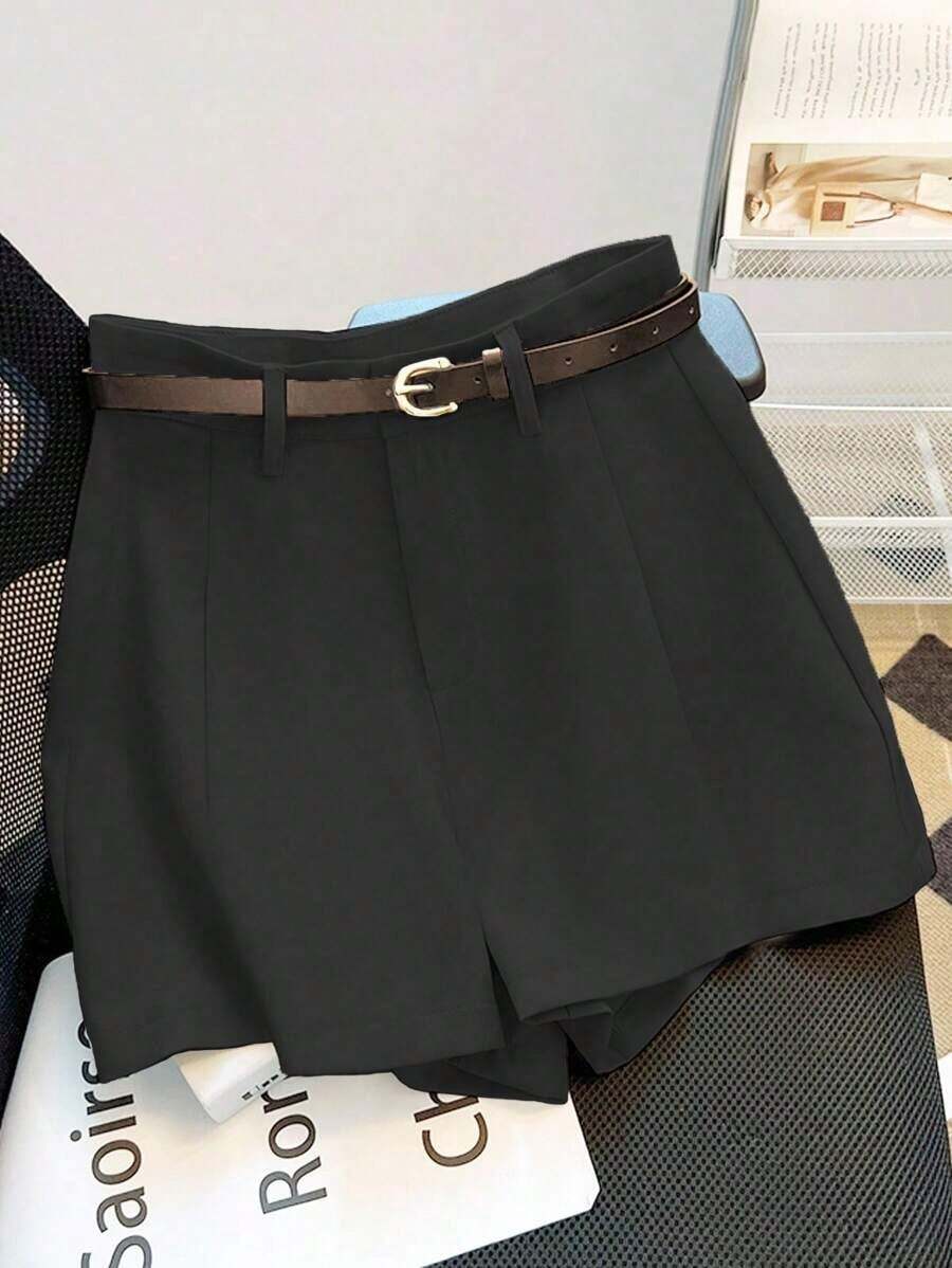 Shorts de mujer de unicolor de verano, de cintura media-alta, versátiles y de moda para el uso diario, con cinturón - Negro - Ver 1