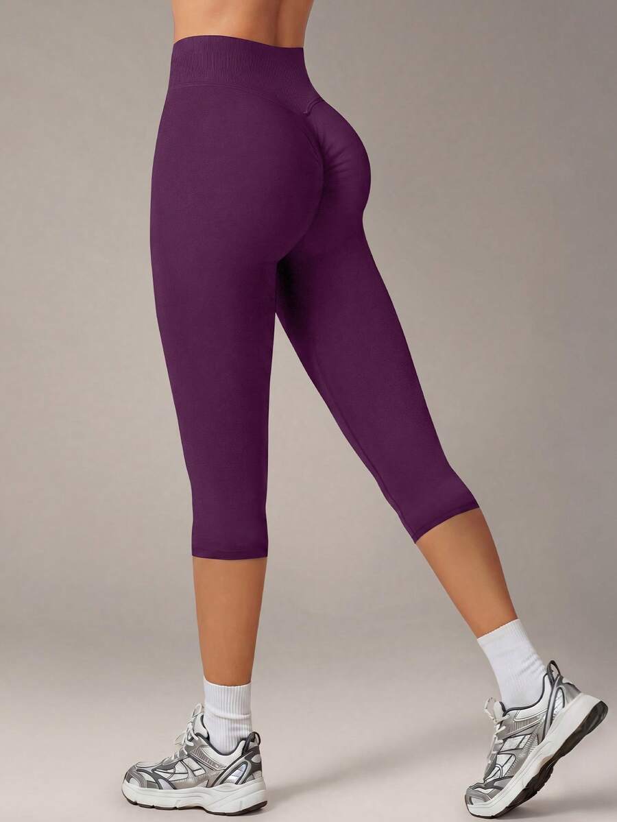 VVX Quần legging yoga nữ lửng cạp cao, ôm sát bụng, nâng mông, không đường may, màu trơn, dáng ôm, thích hợp cho tập luyện thể thao, tập gym, hoạt động ngoài trời, mặc hàng ngày, phù hợp mọi mùa. - Màu tím - Xem 1