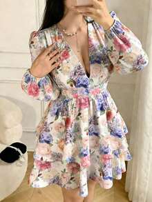 Vestido mini sexy de moda con estampado floral, cuello en V profundo y mangas farol para mujer - Rosa - Ver 7