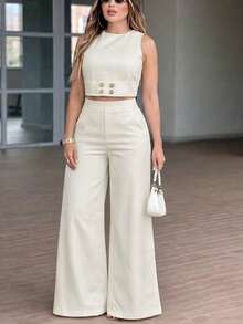 2pcs Women's Solid Color Loose Sleeveless Round Neck Wide Leg Pants Set | Spring/Summer Casual Elastic Waist Straight Leg Pants Set, Comfortable And Versatile, Suitable For Work, Luxury Style Elegant - Apricot - View 7