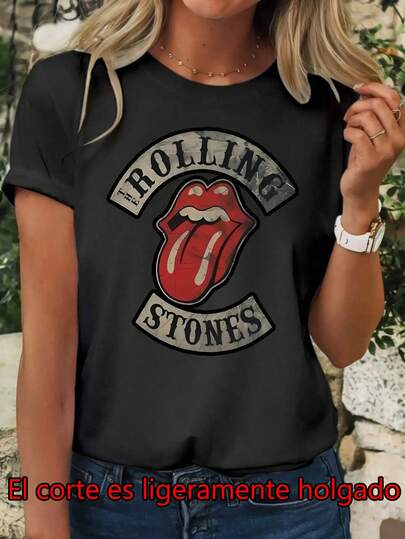Talla más grande - Diseño de letra de la banda de rock, patrón de lengua, camiseta impresa, camiseta de cuello redondo de manga corta, parte superior casual para todos los días, ropa para mujeres.