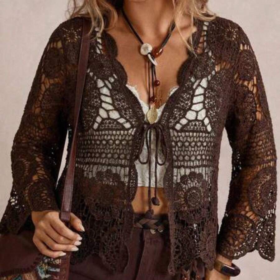 Plus Size Casual Solid Color Openwork Knit Cardigan Winter Fall Autumn - Marrón Chocolate - Ver 1