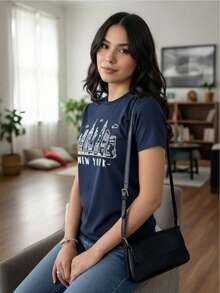 Women's T-Shirts With New York And Paris Print, Classic Short Sleeve Cut, Soft And Lightweight Fabric, Casual Urban Style, Comfortable And Versatile For Daily Looks And Modern Outfits. - 藍色 - 查看 1