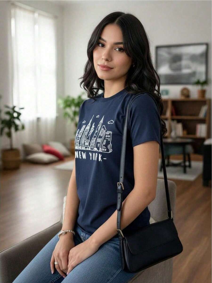 Women's T-Shirts With New York And Paris Print, Classic Short Sleeve Cut, Soft And Lightweight Fabric, Casual Urban Style, Comfortable And Versatile For Daily Looks And Modern Outfits. - 藍色 - 查看 1