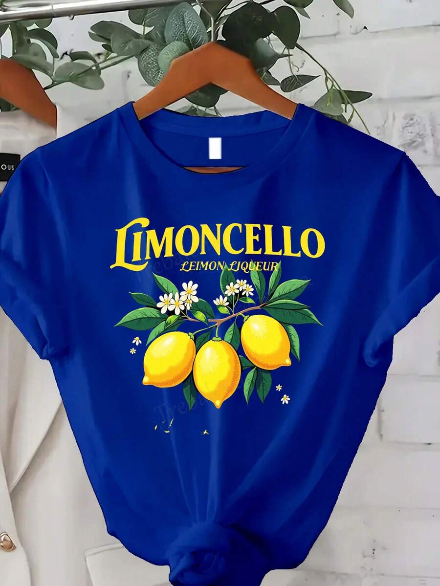 Lemon Liqueur Print T-Shirt - 100% Casual Summer T-Shirt With Lemon Print, Lemon Liqueur And Lemon Slice Design, Comfortable, Loose Fit, Round Neck And Short Sleeve, Black, Suitable For Italian Liqueur Lovers, Spring/Autumn Casual Wear, Autumn Clothing, Spring Fashion, Citrus Print, Lightweight T-Shirt, Breathable Fabric, Printed T-Shirt For Women. - 藍色 - 查看 1