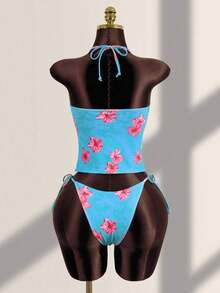 Conjunto de bikini de dos piezas con estampado floral tropical, parte superior tipo bandeau con tirantes atados y detalles de encaje para mujer, ideal para vacaciones de verano y playa - Azul - Ver 2