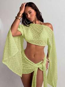 Conjunto de 2 piezas de mujer para primavera/verano con textura de jacquard, blusa tipo chal y minifalda de estilo envolvente, ropa de playa/resort para mujer - Verde - Ver 3