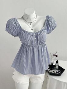 Blusa de manga corta con estampado de lunares y cuello cuadrado cómoda para mujer - Azul 2 - Ver 6