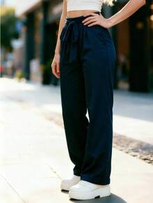 Pantalones Para Mujer Verano Color Sólido Cintura Media de la Correa Moda Casual Súper Cómodo - Azul Marino - Ver 2