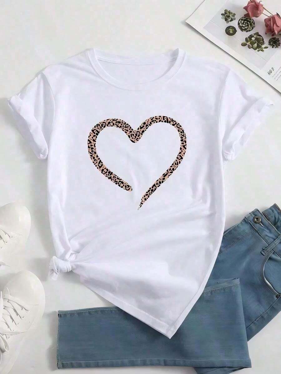 Camiseta con estampado de leopardo y corazón, camisetas con estampado de guepardo, tops para mujer, transpirables y cómodas. - Predeterminado 2 - Ver 1