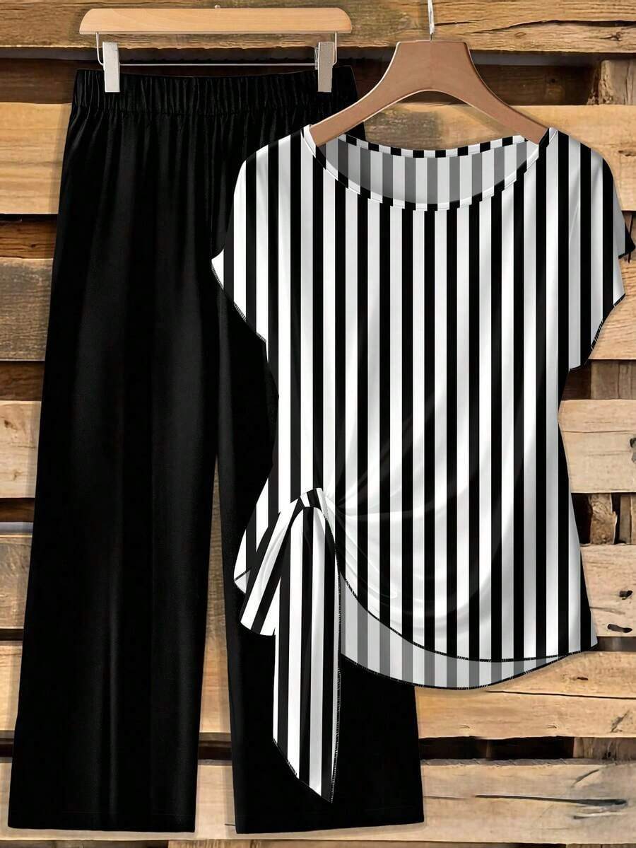 Conjunto de 2 piezas de blusa con lazo y pantalones de pierna recta para mujer - Multicolor 8 - Ver 1