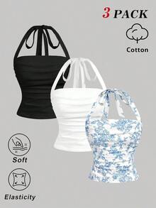 3 piezas Blusa de verano casual/de oficina/de vacaciones con estampado floral, fruncido y nudo delantero, blusa floral vintage, blusa casual, blusa para salir, playa, vacaciones de primavera, blusa de verano - Multicolor - Ver 2