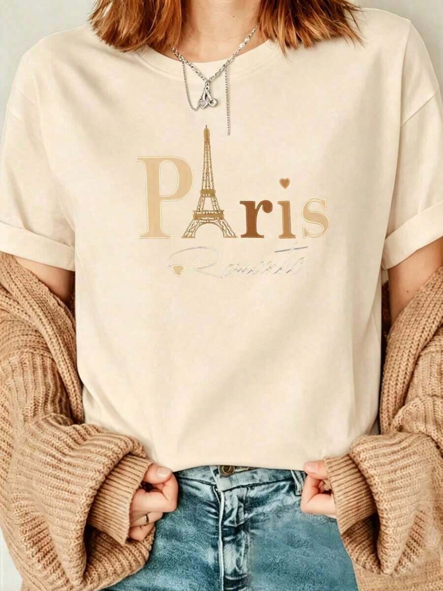Camiseta Casual Suave para Mujer con Estampado Romántico de París, Negra, Manga Corta, Cuello Redondo, Hombros Caídos, Tejido de Punto de Elasticidad Media - Albaricoque - Ver 1